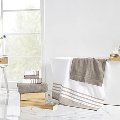 Modern Threads 6 Piece Set, 2 Bath Towels, 2 Hand Towels, 2 Washcloths, Quick Dry White/Contrast Reinhart Tan - Image 4