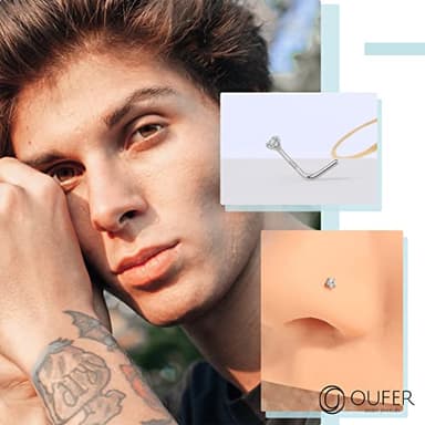 OUFER 925 Sterling Silver Nose Stud, Bone L Screw Shaped Nose Rings, 20G Nostril Solid 2mm Round CZ Nose Piercing Jewelry for Women Men - Image 5