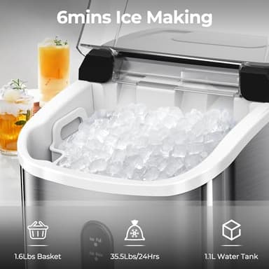 Nugget Ice Maker Countertop, 35.5Lbs/24Hrs Chewable Sonic Ice Machine with Self-Cleaning, Handle, Water Tank, Quiet Operation & Portable Pellet Ice Maker for Home, Office, Kitchen, Bar, Silver - Image 2