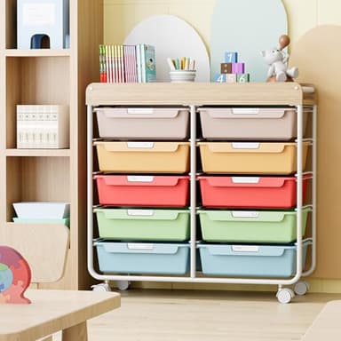 Rolling Storage Cart with Wooden TableTop, Utility Cart with 10 Large Drawers for Craft Organizers, Art Supply Storage, Home Office Organization, Cart with Wheels for Classroom, Living Room, Colorful - Image 8