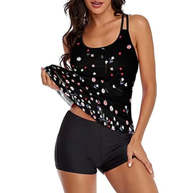 Urchics Womens 2025 Tankini Swimsuits Tummy Control Flowy Swimwear Two Piece Bathing Suits Swim Tank Top with Boyshorts Floral Black L - Image 3