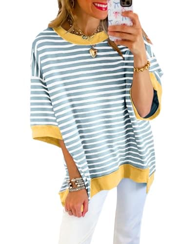 SHEWIN Womens Summer Tops Casual Crewneck Short Sleeve Shirts Oversized Sweatshirt Lightweight Knit Tunic Top Loose T Shirts for Women 2025 Spring Clothes Dusk Blue Stripe M - Image 1