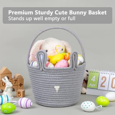 CubesLand Gray Easter Basket for Boys Toddler Kids,Big Cute and Reusable Woven Cotton Rope Empty Gift Bunny Basket with Handle for Easter Egg Hunt, Kids Party Supplies, Easter Decor - Image 4