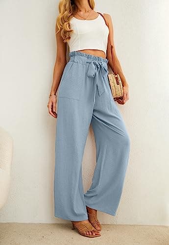 IWOLLENCE Women's Wide Leg Pants with Pockets High Waist Adjustable Knot Loose Casual Trousers Business Work Casual Pants Haze Blue Small - Image 3