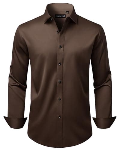 Lusead Brown Dress Shirts for Men Stretch Long Sleeve Formal Wrinkle Free Business Casual Button up Shirts for Dinner Party - Image 1