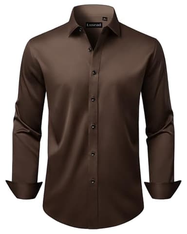 Lusead Brown Dress Shirts for Men Stretch Long Sleeve Formal Wrinkle Free Business Casual Button up Shirts for Dinner Party - Image 1