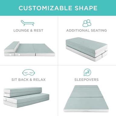 Best Choice Products 4in Portable Full-Size Mattress, Tri-Fold Mattress for Camping, Guest, Toddler, Foam Plush w/ Carry Case - Seafoam - Image 2
