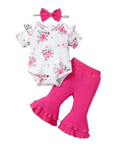 SUNNY PIGGY Baby Girl Clothes Ruffle Short Sleeve Romper Long Pants Set with Headband Newborn Infant Outfits RoseRed 3-6M - Image 1
