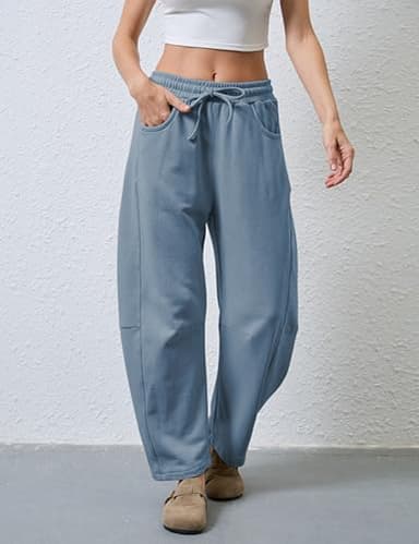 SeekMe Women's Barrel Leg Sweatpant Drawstring Elastic Waisted Wide Leg Pants Casual Cotton Palazzo Trousers with Pockets (0009-DustyBlue-S) - Image 2