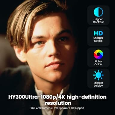 Mini Projector,Support 4K with Bluetooth 5.4 WIFI6, 5watt Sound Base Speaker,160 ANSI, Android 11,210° Rotation, Auto Keystone Correction Video Projector HY300 ULTRA - Image 3