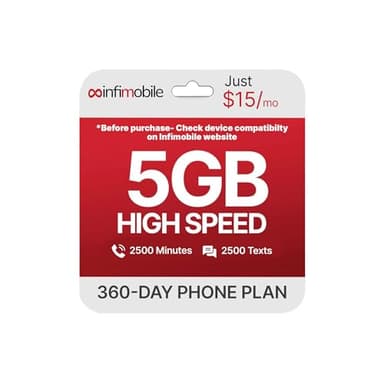 $15/Month | Infimobile Prepaid Plan: 12 Months| 5GB High-Speed Data Per Month | 2500 Minutes and 2500 Text| Prepaid Plan Service SIM Card | Nationwide Coverage | 4G, 5G V-Network - Image 1