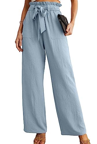 IWOLLENCE Women's Wide Leg Pants with Pockets High Waist Adjustable Knot Loose Casual Trousers Business Work Casual Pants Haze Blue Small - Image 1