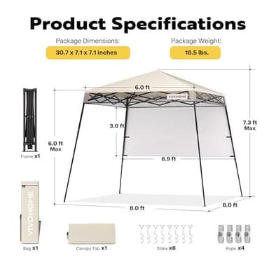 VIVOHOME 8x8ft Pop-Up Canopy Tent with Central Lock Design, Slant Legs, Backpack, and Side Wall, Portable Shelter for Camping, Party, Yard, and Beach Events, Beige - Image 2