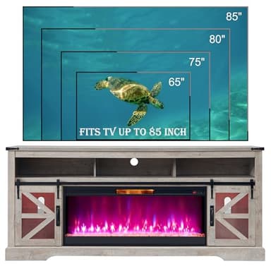 OKD 75" Fireplace TV Stand for 85" TV, 33" Tall Highboy Farmhouse Entertainment Center w/ 42'' Electric Fireplace, LED Light, Rustic Media Console w/Sliding Barn Door for Living Room, Light Rustic Oak - Image 5