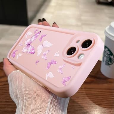 CASBST Compatible with iPhone 13 Case, Creative Flower Pattern Design Girls Women Liquid Silicone Cover, Thicker Frame Shockproof and Scratch-Resistant Soft Case for iPhone 13 - Butterfly Pink - Image 3