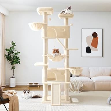 Allewie 81 Inches Tall Cat Tree/Multi-Level Large Climbing Tree House and Towers for Big Feline/Condo and Hammock/Scratching Post/Wide Base/Beige - Image 2