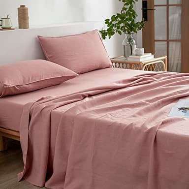 EVERLY Linen Sheets Set King Size,100% French Stonewash Pure Linen Bed Sheets,4Pieces (1Flat Sheet,1Fitted Sheet,2Pillowcase) Suitable for Hot Sleepers,Deep Pocket Natural Bedding Set-Pink - Image 3