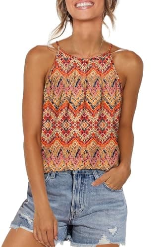 WIHOLL Boho Tops for Women 2025 Summer Vacation Outfits Loose Fit High Neck Tank Tops M - Image 1