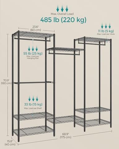 SONGMICS Portable Wardrobe Closet Heavy Duty Clothes Rack, Freestanding Closet Organizer,15.8 x 68.9 x 70.9 inches,Metal Garment Rack with Adjustable Wire Shelves, Dividable, Ink Black ULGR431B01 - Image 6