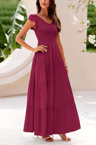 PRETTYGARDEN Women's Summer Flowy Maxi Dress Casual Cap Sleeve V Neck Smocked Beach Sundress (Solid Wine Red,Large) - Image 6