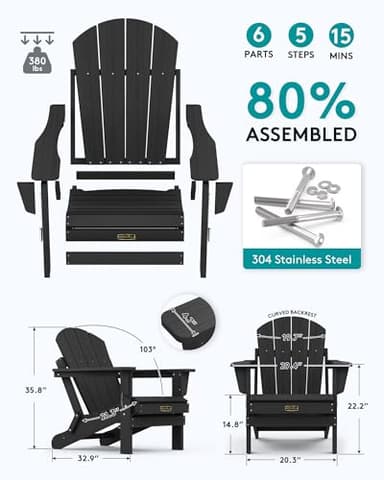 SERWALL Foldable Adirondack Chair Set of 4 for Patio Garden Outdoors Fire Pit-Black - Image 3