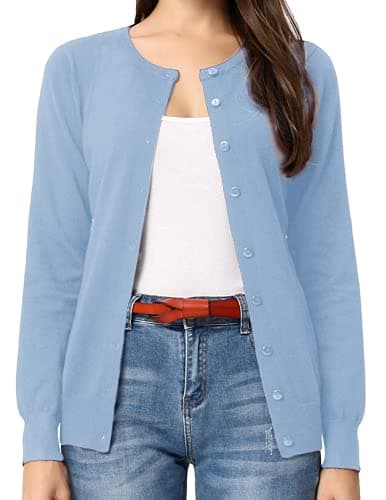 GRACE KARIN Women's Long Sleeve Button Up Cardigan Lightweight Crewneck Blue Knit Cardigan Sweaters Fall Clothes XL - Image 1