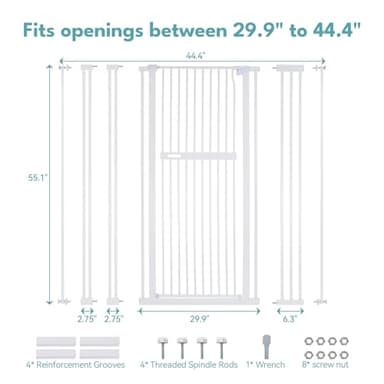 No Pawblems 55.1" Extra Tall Pet Gate for Cat/Dog, 29.9-44.4" Wide Auto Close Tall Cat Gate, NO Drilling Pressure Mounted for Doorways/Hallways, 1.37" Narrower Bar Spacing, White - Image 4