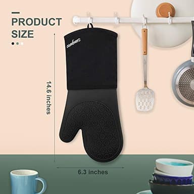 sungwoo Extra Long Silicone Oven Mitts, Heat Resistant Oven Gloves with Quilted Liner Non-Slip Textured Grip Perfect for BBQ, Baking, Cooking and Grilling - 1 Pair 14.6 Inch Black - Image 3