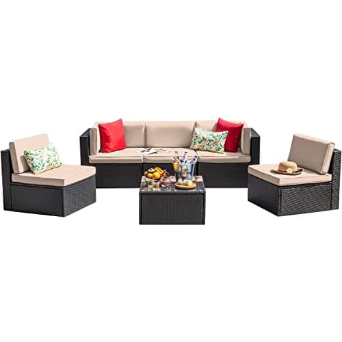 Devoko Patio Furniture Sets 6 Pieces Outdoor Sectional Rattan Sofa Manual Weaving Wicker Patio Conversation Set with Glass Table and Cushion (Beige) - Image 1