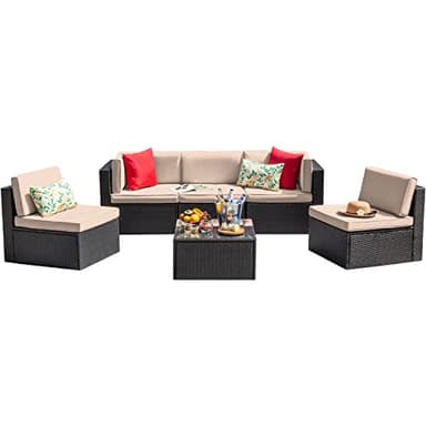 Devoko Patio Furniture Sets 6 Pieces Outdoor Sectional Rattan Sofa Manual Weaving Wicker Patio Conversation Set with Glass Table and Cushion (Beige) - Image 1