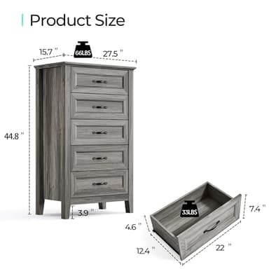 LINSY HOME Farmhouse 5-Drawer Dresser - Grey Chest of Drawers for Bedroom and Living Room Organization, Wood Dresser with Ample Storage Space and Rustic Charm - Image 2