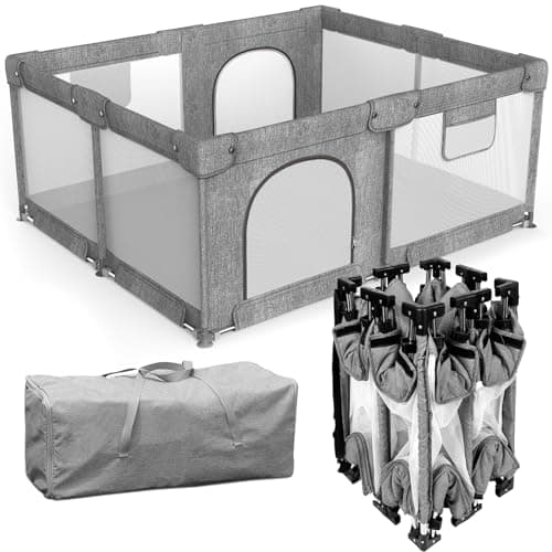 Foldable Baby Playpen with Gate, Extra Large Collapsible Play Yard for Babies & Toddlers, Portable Travel Playpen, Baby Activity Center for Indoor & Outdoor Use (Gray 59"×71") - Image 1