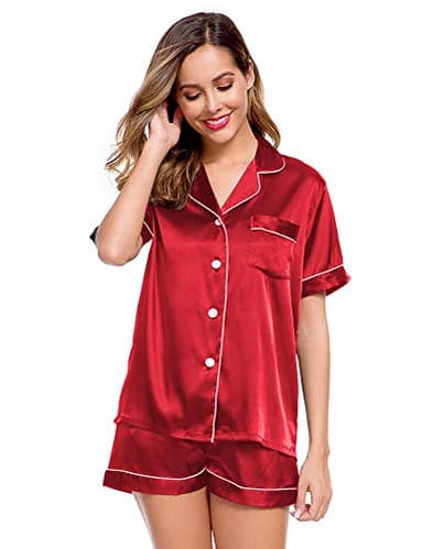 LecGee Womens Pajamas Set Silk Satin Sleepwear Short Sleeve Nightwear Button Down Pj Lounge - Image 2