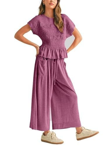 Antnation Womens 2 Piece Smocked Top Wide-Leg Pants Set High-Waisted Lounge Outfit with Pockets Casual Boho Matching Set(Purple-S) - Image 4