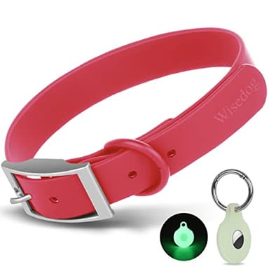 Wisedog Waterproof Dog Collar, Adjustable Soft Rubber Coated Webbing, Odor-Proof and Easy to Clean for Small Medium Large Dogs, with Airtags Case(XL|18"-23.6" × 1 in, Coral Pink)