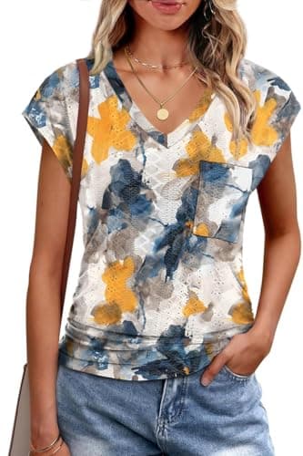 Womens Plus Size Tops Beach Vacation Clothes Spring Essentials Floral Yellow Blue XL - Image 1