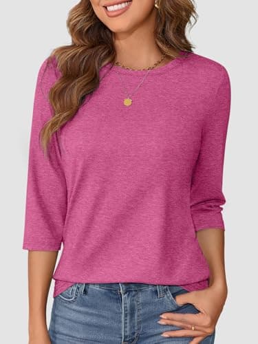 ATHMILE Shirts for Women Trendy Summer 3/4 Sleeve T-Shirts Crewneck Cute Tunic Tops Basic Tees Blouses Loose Fit Pullover Rose - Image 2