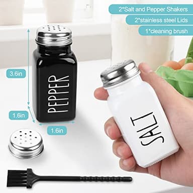 2 Pack Salt and Pepper Shakers Set, Glass Shaker with Stainless Steel Lid, Modern and Cute Farmhouse (Black and White) - Image 2