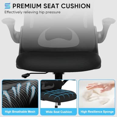 Sytas Ergonomic Desk Chair with Padded Flip up Arms and Supportive Lumbar Support, Breathable Mesh Home Office Chair with Comfortable Cushion for Home or Office(Black) - Image 4