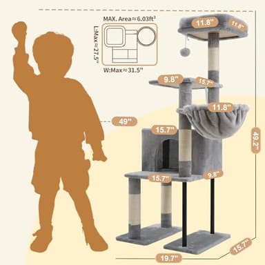 Heybly Cat Tree, 49.2 Inches Cat Tower for Indoor Cats, Spacious Cat House Condo with Hidden Space,Sturdy Steel Tube,Soft Plush Top Perch,Cozy Hammock and Sisal Scratching Posts, Light Gray HCT200SW - Image 3