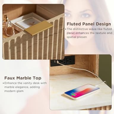 T4TREAM 48" Fluted Makeup Vanity Desk with Large 36" Mirror and Lights, Modern Glass Top Big Vanity Table with 5 Drawers & Adjustable Shelves, Dressing Table Set w/Charging Station for Bedroom, Oak - Image 6