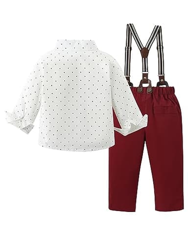 DISAUR Toddler Boy Wedding Outfits Short Sleeve White Flower Dress Shirt Bow Tie Suspender Christmas Red Plaid Pants Baptism Outfits For Boys 12 Months 1t 18 Months - Image 8