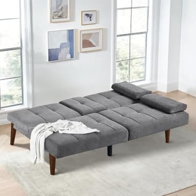 COLAMY Futon Sofa Bed-Fabric Small Couch, Small Lounge Convertible with 2 Cup Holders, Removable Soft Armrest, Adjustable Backrest for Dorm/Bedroom/College - Image 2