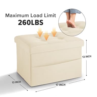 LINMAGCO Storage Ottoman Folding Foot Stool Foot Rest with Side Pocket Modern Ottoman with Storage Short Sofa Stool Linen Cloth 17x13x13(Beige) - Image 3