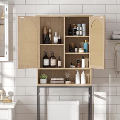 FiveWillowise Rattan Toilet Storage Cabinet, Over The Rack Wood Cabinet with Metal Stand, Bathroom Organizer with Adjustable Shelf, Tall Freestanding Washer Shelf, Small Cupboard, Natural - Image 5