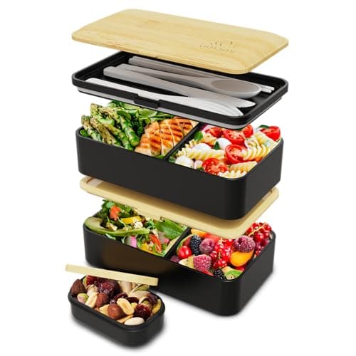 Umami Bento Box Adult All-In-1 w/4 Utensils, Big Sauce Jar, 2 Dividers, 100% Leakproof, Microwave & Dishwasher Safe, Stackable Bento Lunch Box Containers for Men/Women, Black & Bamboo, 40 oz - Image 1