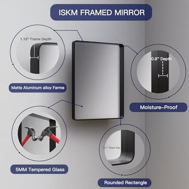 ISKM Bathroom Mirror for Wall 55" x 30" Matte Black Bathroom Vanity Mirror Farmhouse, Anti-Rust, Tempered Glass, Hangs Horizontally or Vertically - Image 3