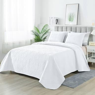 MASVIS Quilt Set Full Queen Size, Lightweight Quilted Microfiber Bedspread Coverlet for All Season, Classic Coin Pattern Quilts, Soft Bedding Set, 3 Piece (1 Quilt, 2 Pillow Shams) White - Image 7