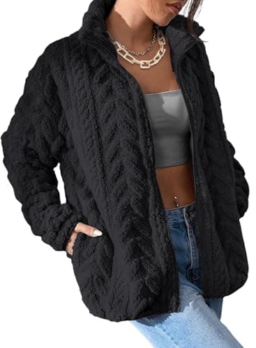 Dokotoo Winter Fleece Womens Short ShacketJackets Zipper Up Winter Fuzzy Long Sleeves Side Pockets Plus Size Coats,Black Medium - Image 1