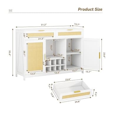 FTZxHKLX 51.2'' Rattan Coffee Bar Cabinet with Drawers and Storage, Boho Sideboard Buffet Cabinet with LED Lights, Wine Liquor Cabinet with Glass Holder and Wine Cellar for Dining Living Room, White - Image 2